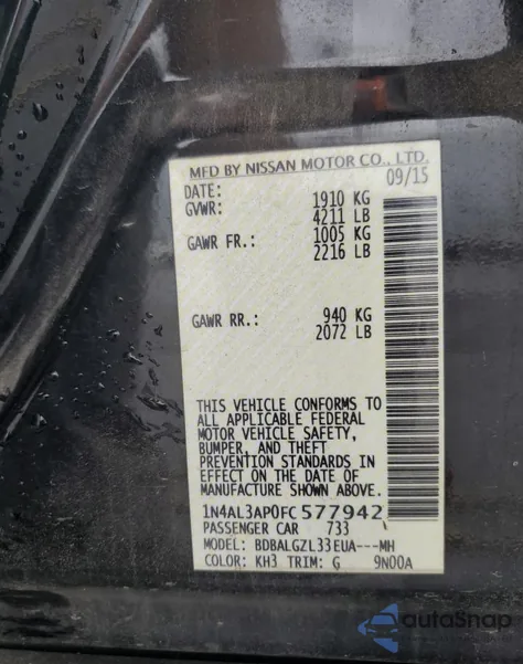 2015 Nissan Altima 2.5 z USA, uszkodzony, nr VIN 1N4AL3AP0FC577942